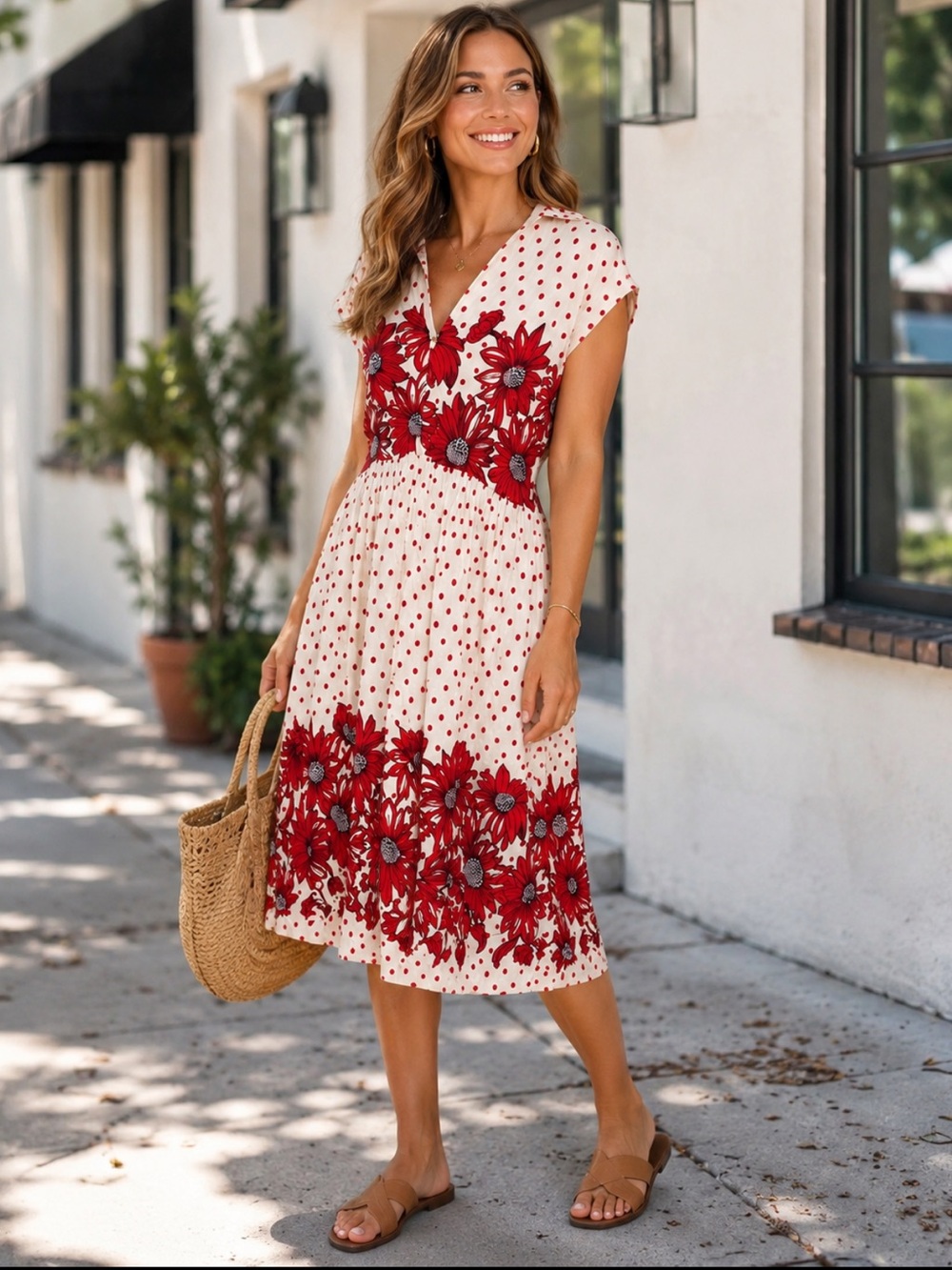 Vintage White Red Floral Polka Dot Button Front Midi Dress Size 18 Plus